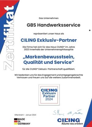 Zertifikat: GBS Handwerksservice ist CILING Exklusiv-Partner, ausgestellt im Januar 2024